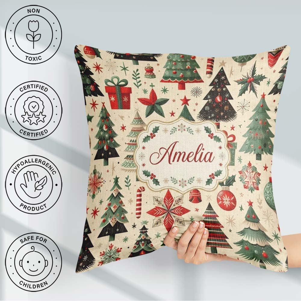Custom Name Festive Christmas Tree Ornament Star Holiday Pattern Square Filled Cushion Throw Pillow Sofa Bed Home Decor Zip Washable UK Made