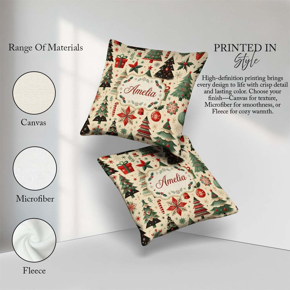 Custom Name Festive Christmas Tree Ornament Star Holiday Pattern Square Filled Cushion Throw Pillow Sofa Bed Home Decor Zip Washable UK Made