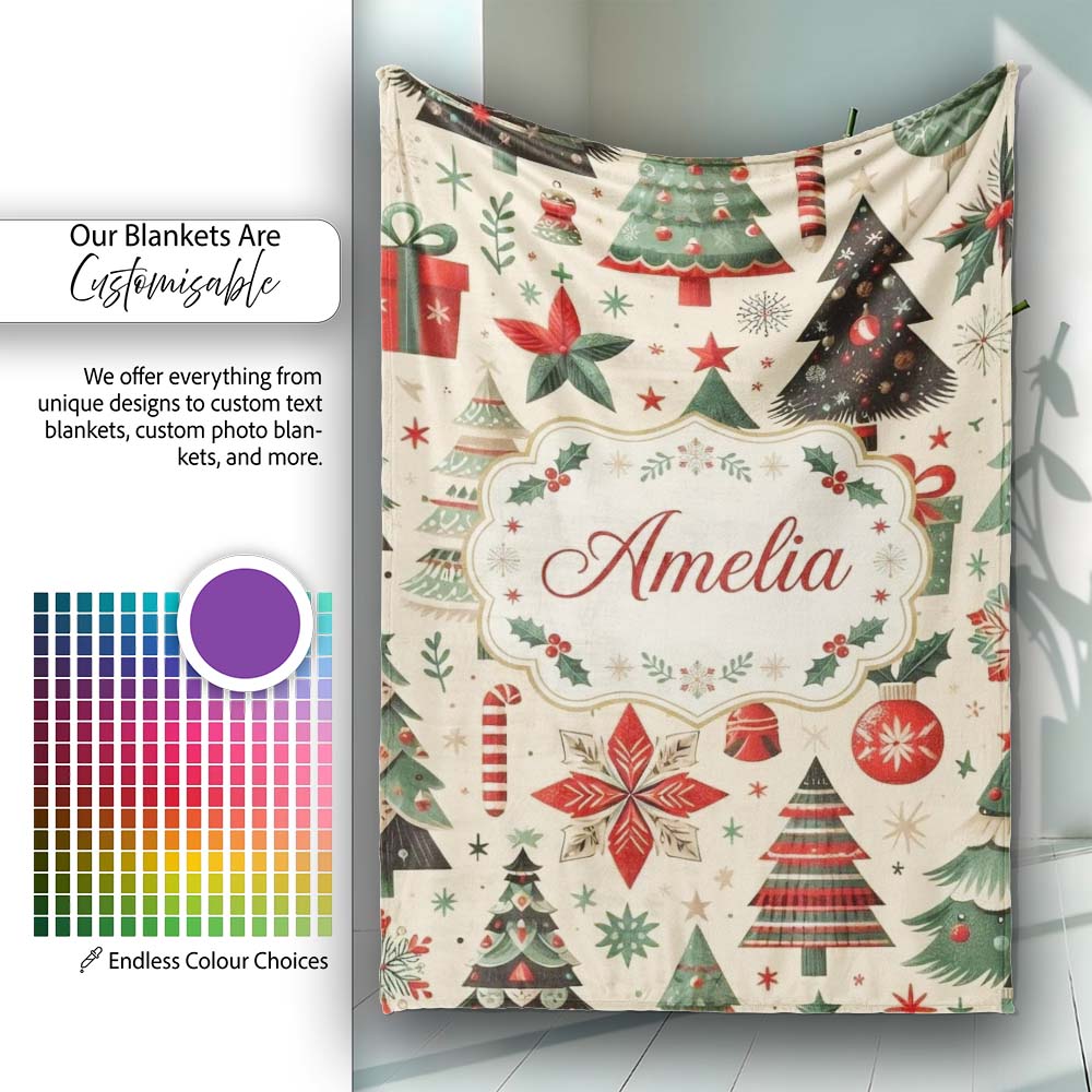 Festive Christmas Tree Gift Ornament Star Holiday Seamless Pattern Personalised Custom Name Super Soft Fleece Blanket Bed Sofa Throw