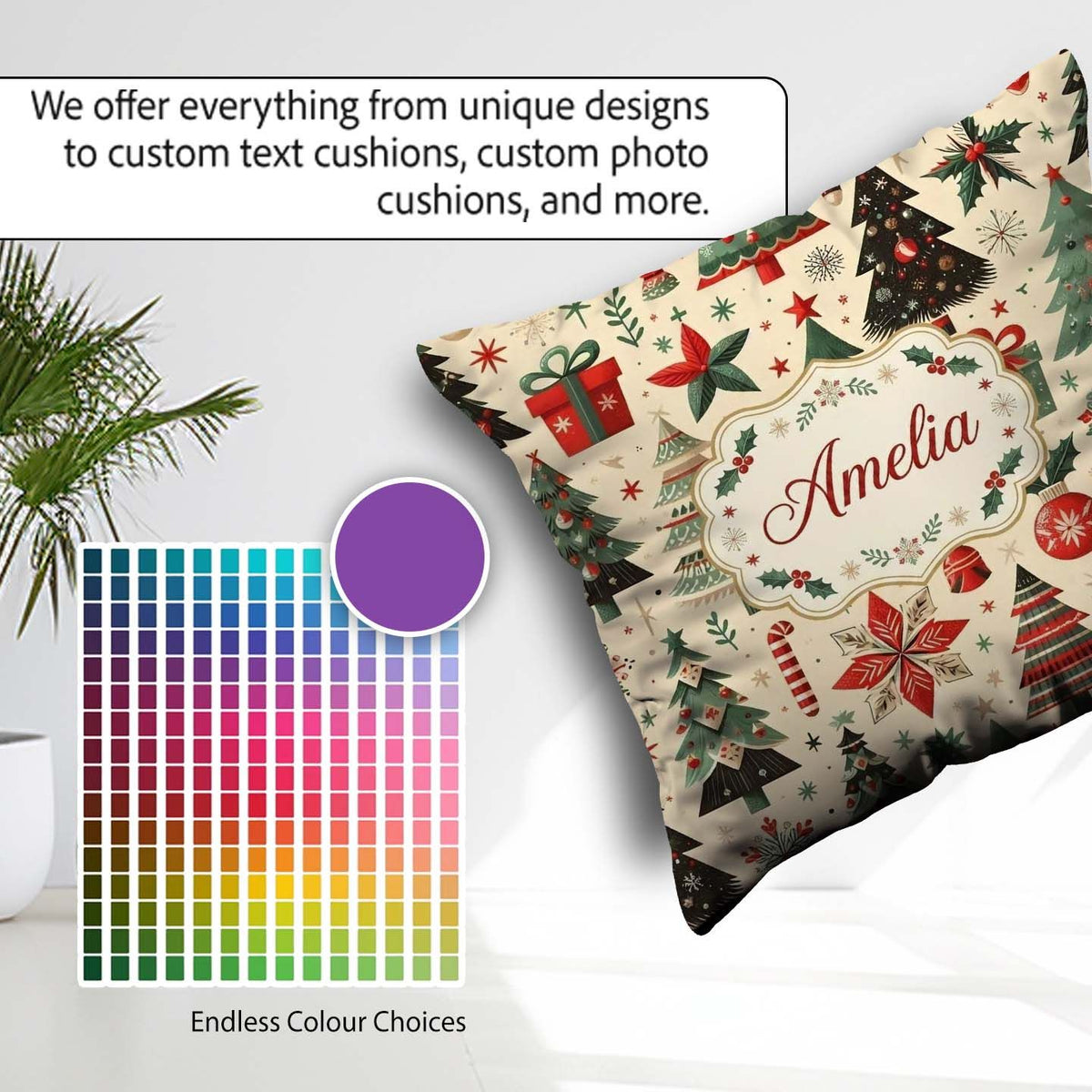 Custom Name Festive Christmas Tree Ornament Star Holiday Pattern Square Filled Cushion Throw Pillow Sofa Bed Home Decor Zip Washable UK Made