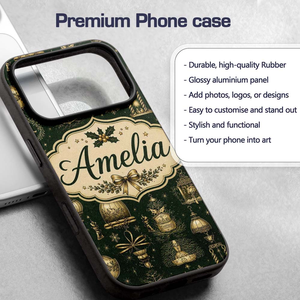 Luxury Christmas Gold Ornament Printed Design Custom Name Protective Phone Case Mobile Cover Durable Everyday Smartphone Shock Resistant