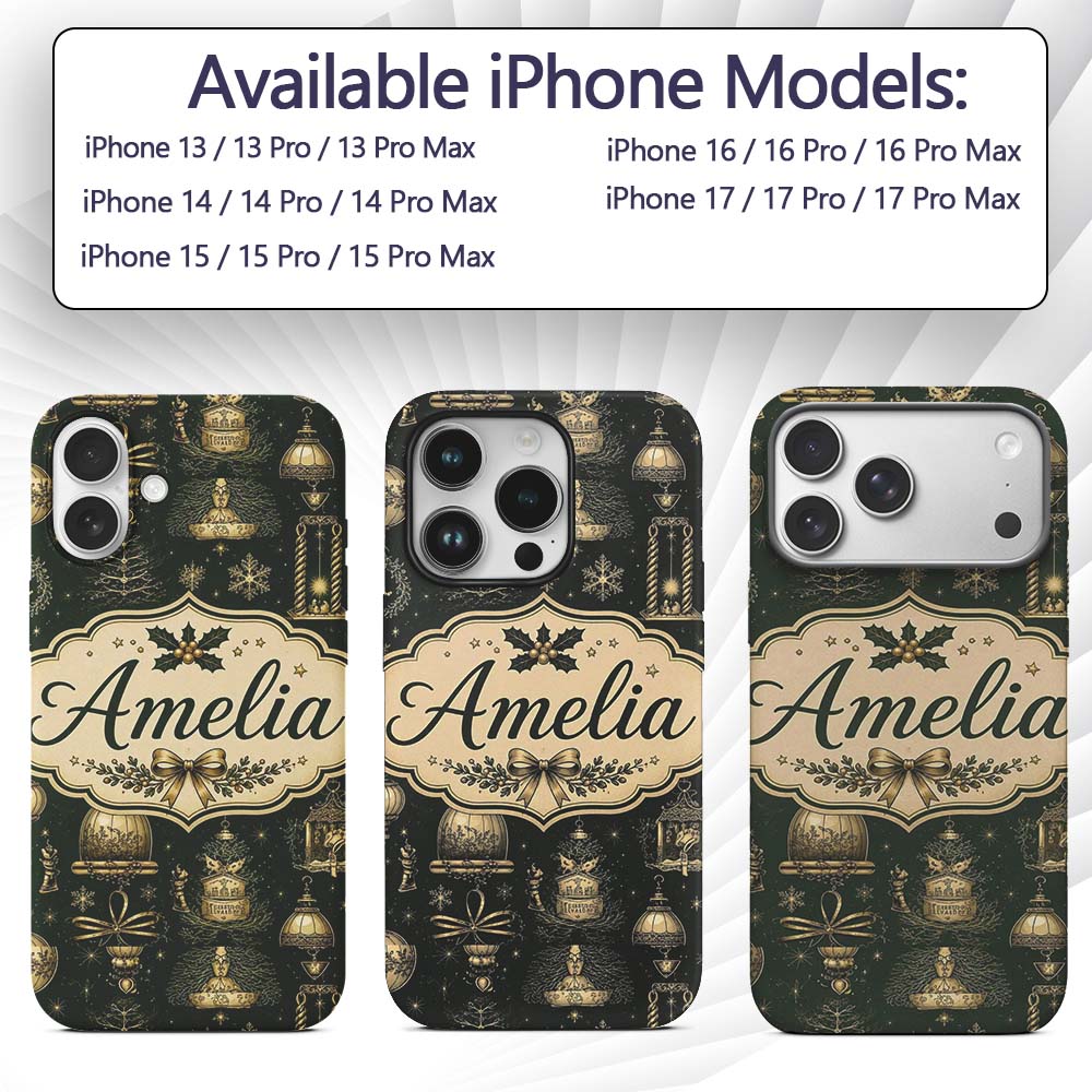 Luxury Christmas Gold Ornament Printed Design Custom Name Protective Phone Case Mobile Cover Durable Everyday Smartphone Shock Resistant