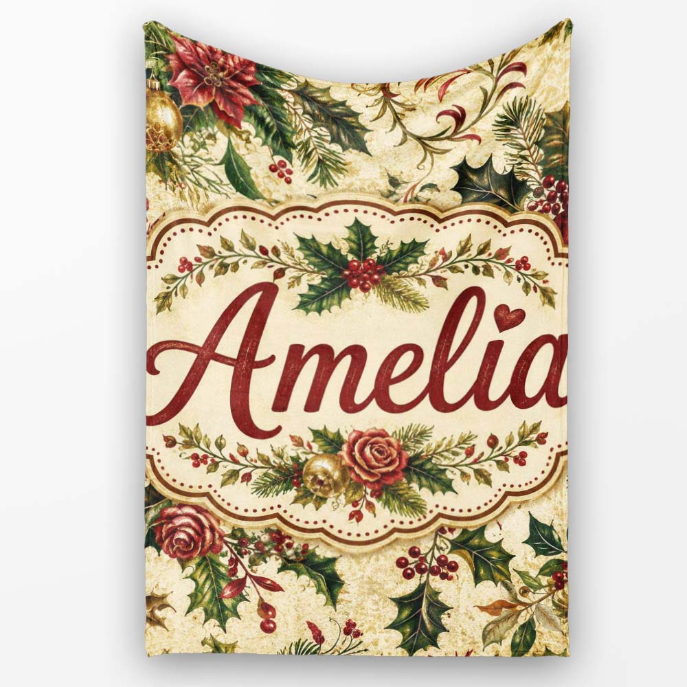 Vintage Christmas Holly Berry Floral Elegant Seamless Pattern Lovely Personalised Custom Name Super Soft Fleece Blanket Bed Sofa Throw