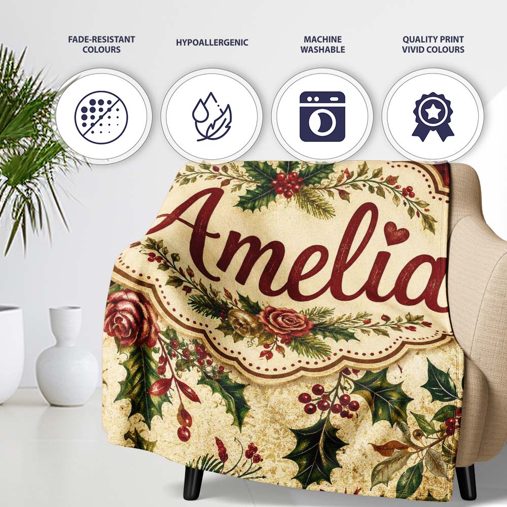 Vintage Christmas Holly Berry Floral Elegant Seamless Pattern Lovely Personalised Custom Name Super Soft Fleece Blanket Bed Sofa Throw
