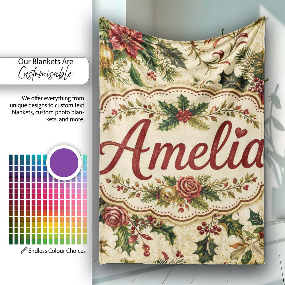 Vintage Christmas Holly Berry Floral Elegant Seamless Pattern Lovely Personalised Custom Name Super Soft Fleece Blanket Bed Sofa Throw