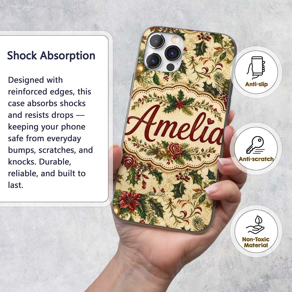 Vintage Christmas Holly Berry Floral Elegant Custom Name Protective Phone Case Mobile Cover Durable Everyday Smartphone Shock Resistant