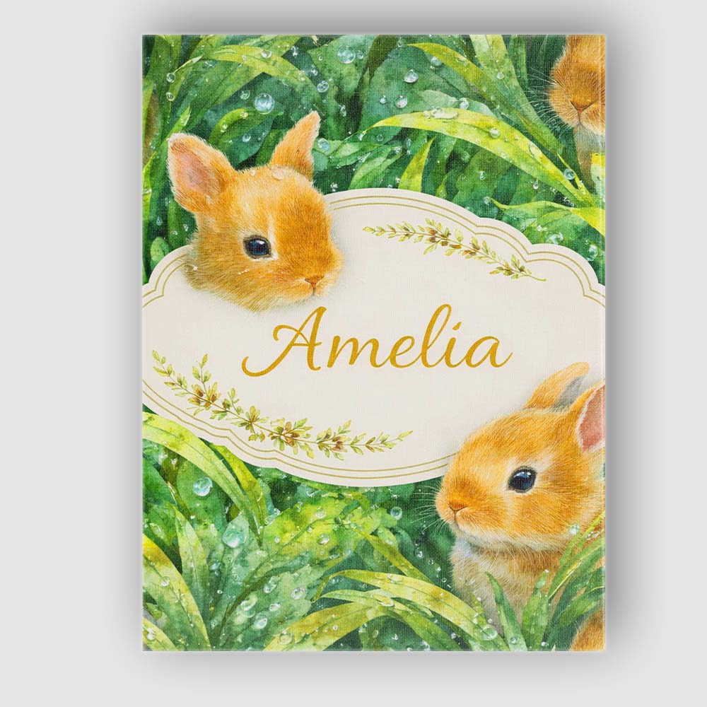 Personalised Name Watercolor Bunny in Leaves Seamless Pattern Cute Custom Unique Canvas Wall Art Print Decor Picture Ready to Hang
