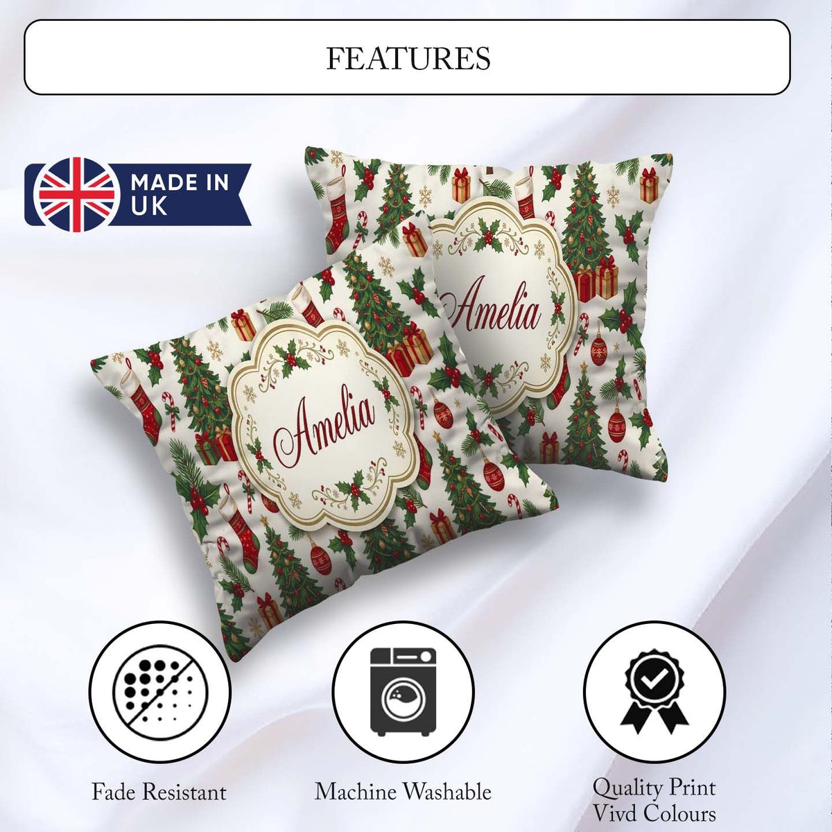 Custom Name Christmas Holly Tree Bell Festive Seamless Pattern Square Filled Cushion Throw Pillow Sofa Bed Home Decor Zip Washable UK Made