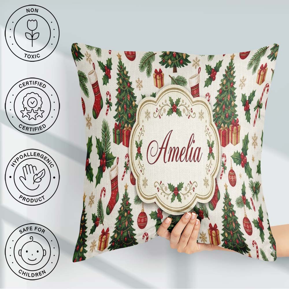 Custom Name Christmas Holly Tree Bell Festive Seamless Pattern Square Filled Cushion Throw Pillow Sofa Bed Home Decor Zip Washable UK Made