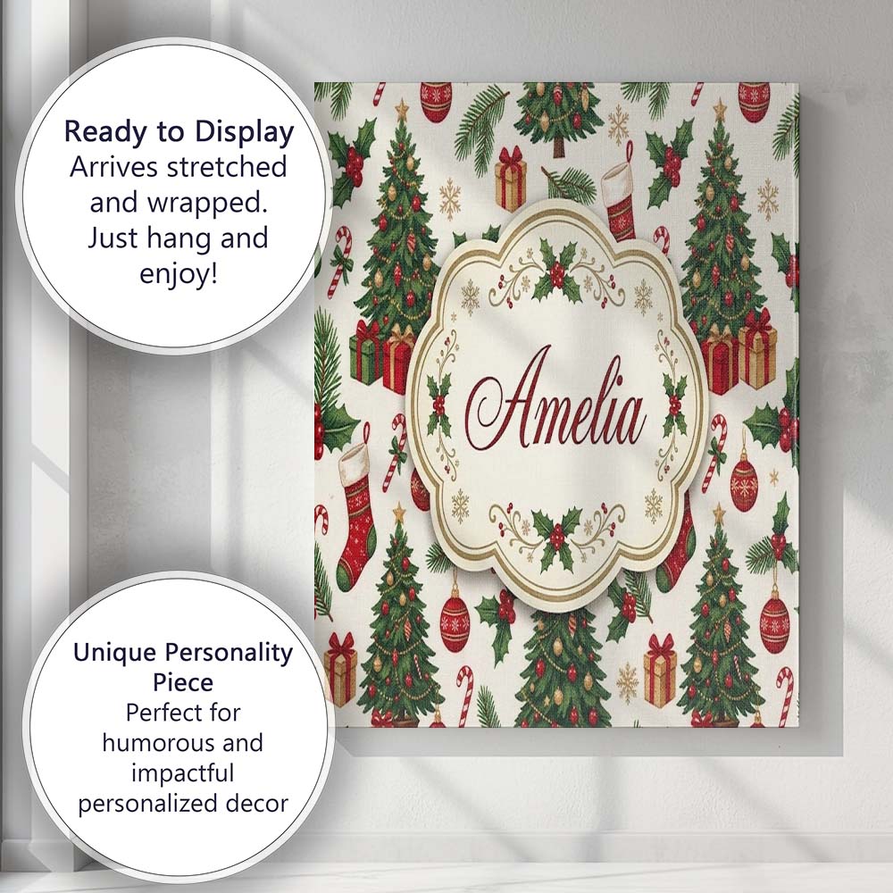 Personalised Name Christmas Holly Gift Tree Custom Bespoke Interior Contemporary Canvas Wall Art Print Decor Picture Ready to Hang