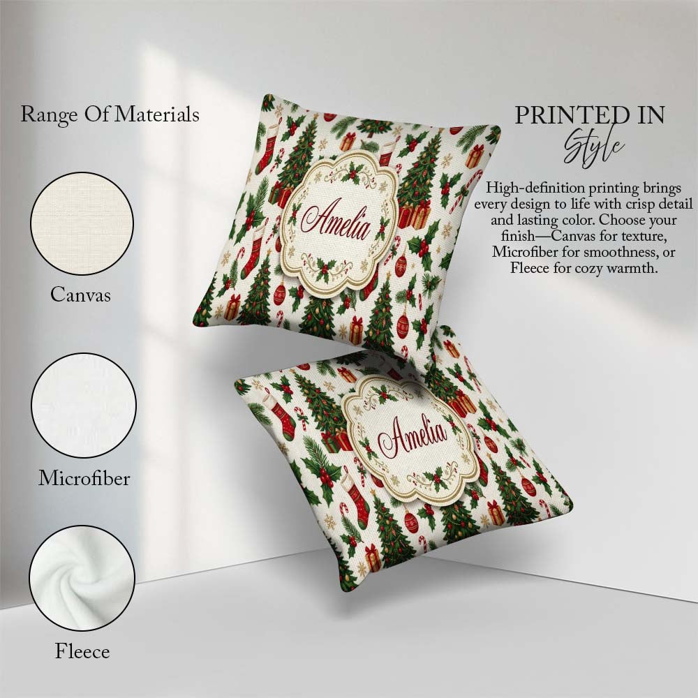Custom Name Christmas Holly Tree Bell Festive Seamless Pattern Square Filled Cushion Throw Pillow Sofa Bed Home Decor Zip Washable UK Made