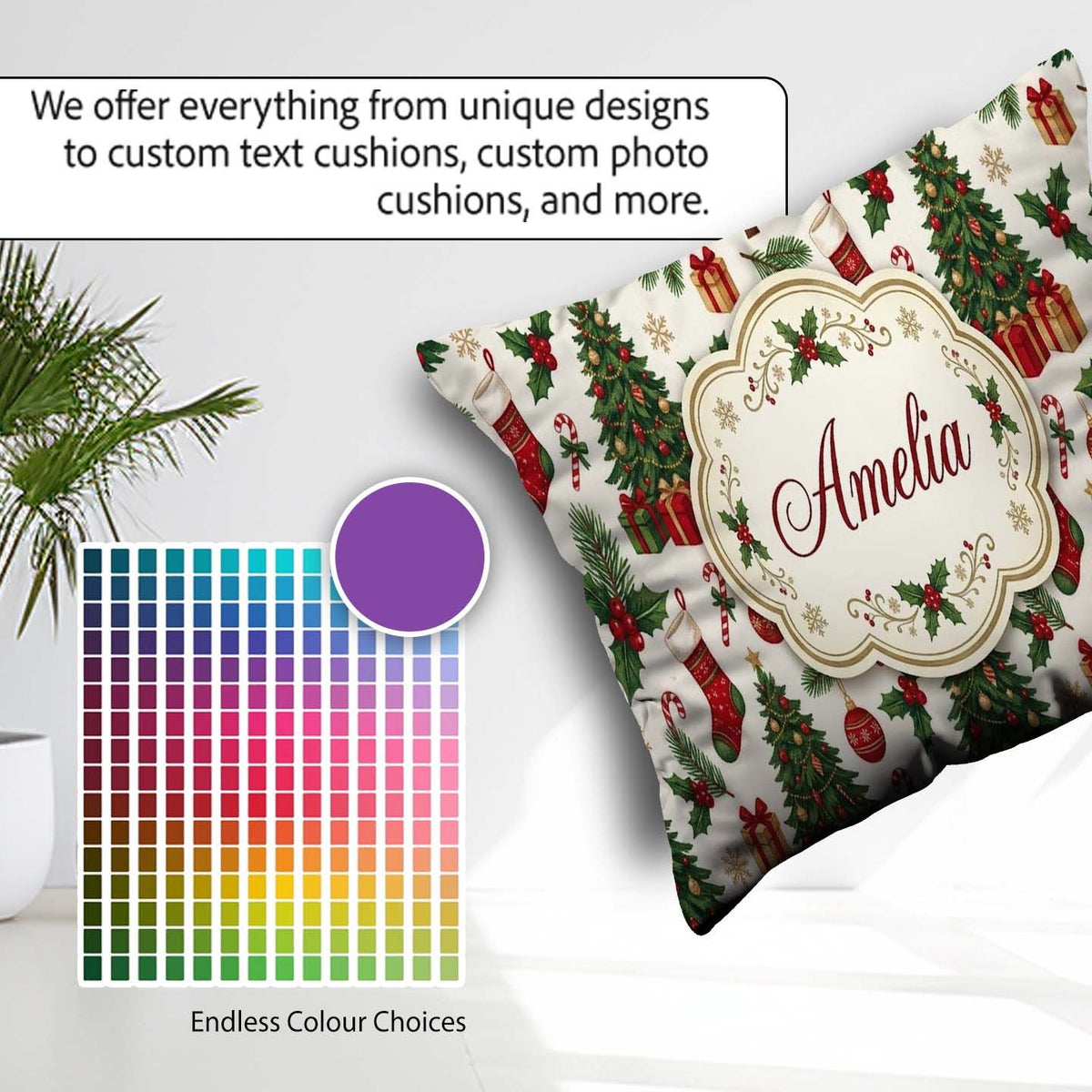 Custom Name Christmas Holly Tree Bell Festive Seamless Pattern Square Filled Cushion Throw Pillow Sofa Bed Home Decor Zip Washable UK Made