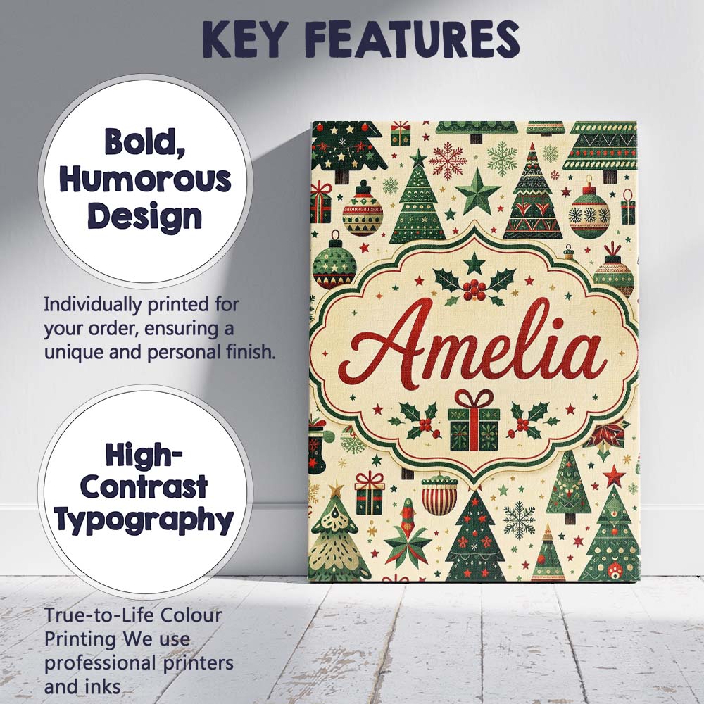 Personalised Name Scandinavian Christmas Custom Unique Gift Idea Elegant Feature Canvas Wall Art Print Decor Picture Ready to Hang