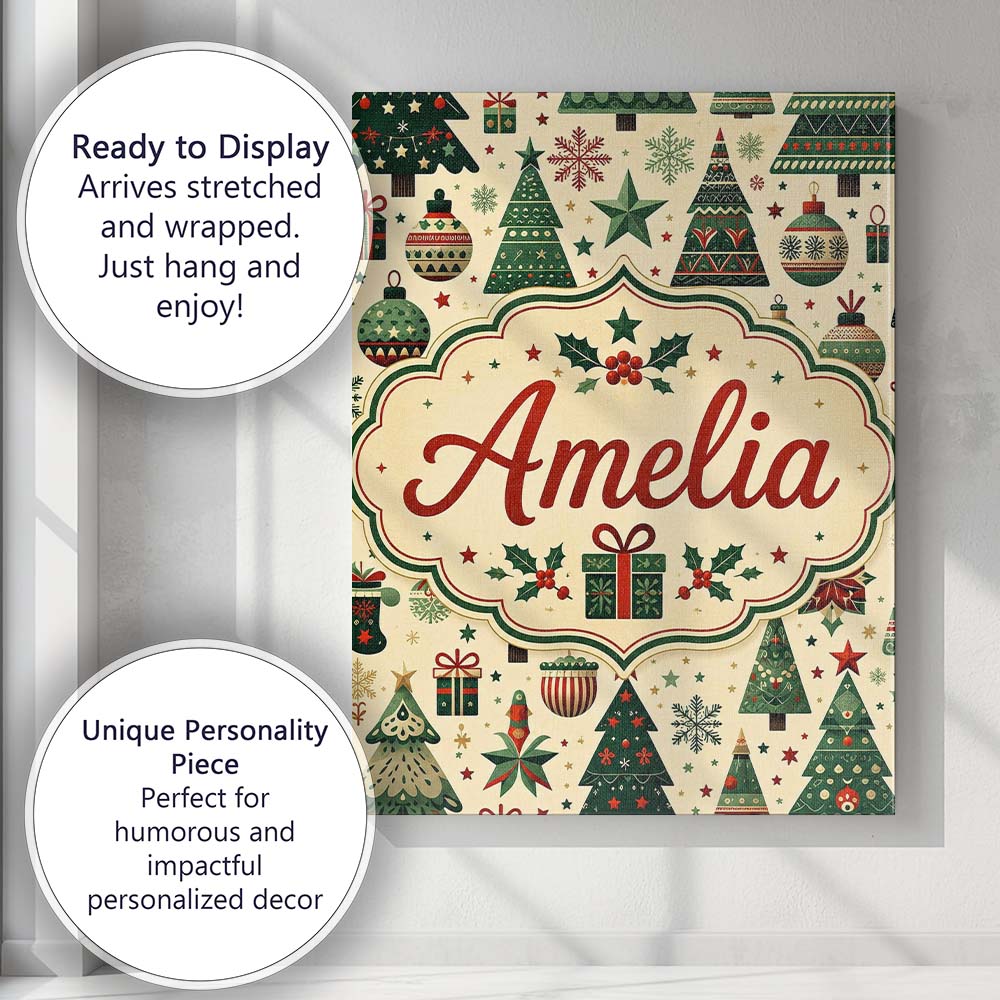 Personalised Name Scandinavian Christmas Custom Unique Gift Idea Elegant Feature Canvas Wall Art Print Decor Picture Ready to Hang