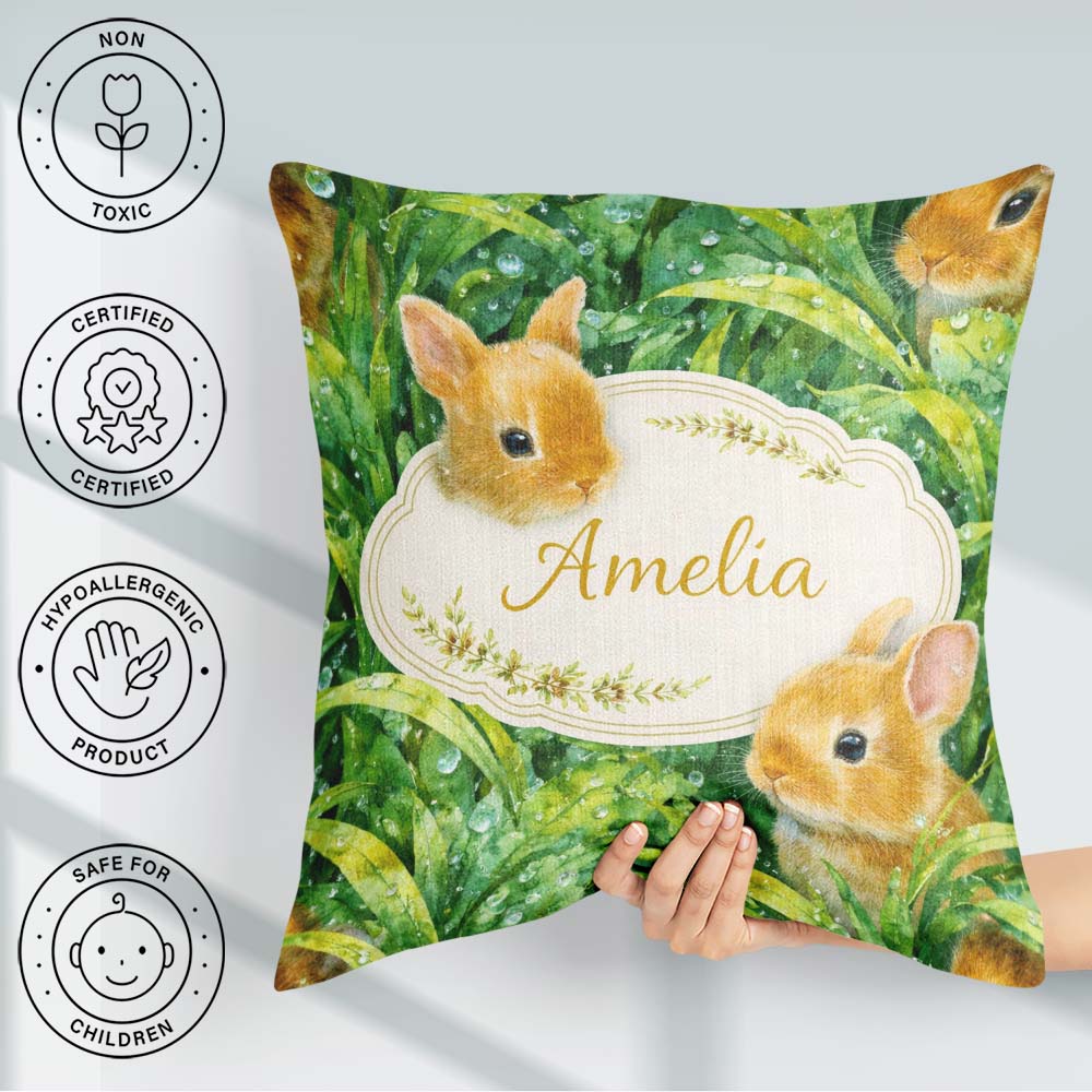Custom Name Bunny in Leaves Seamless Pattern Cute Animal Nature Square Filled Cushion Throw Pillow Sofa Bed Home Decor Zip Washable UK Made