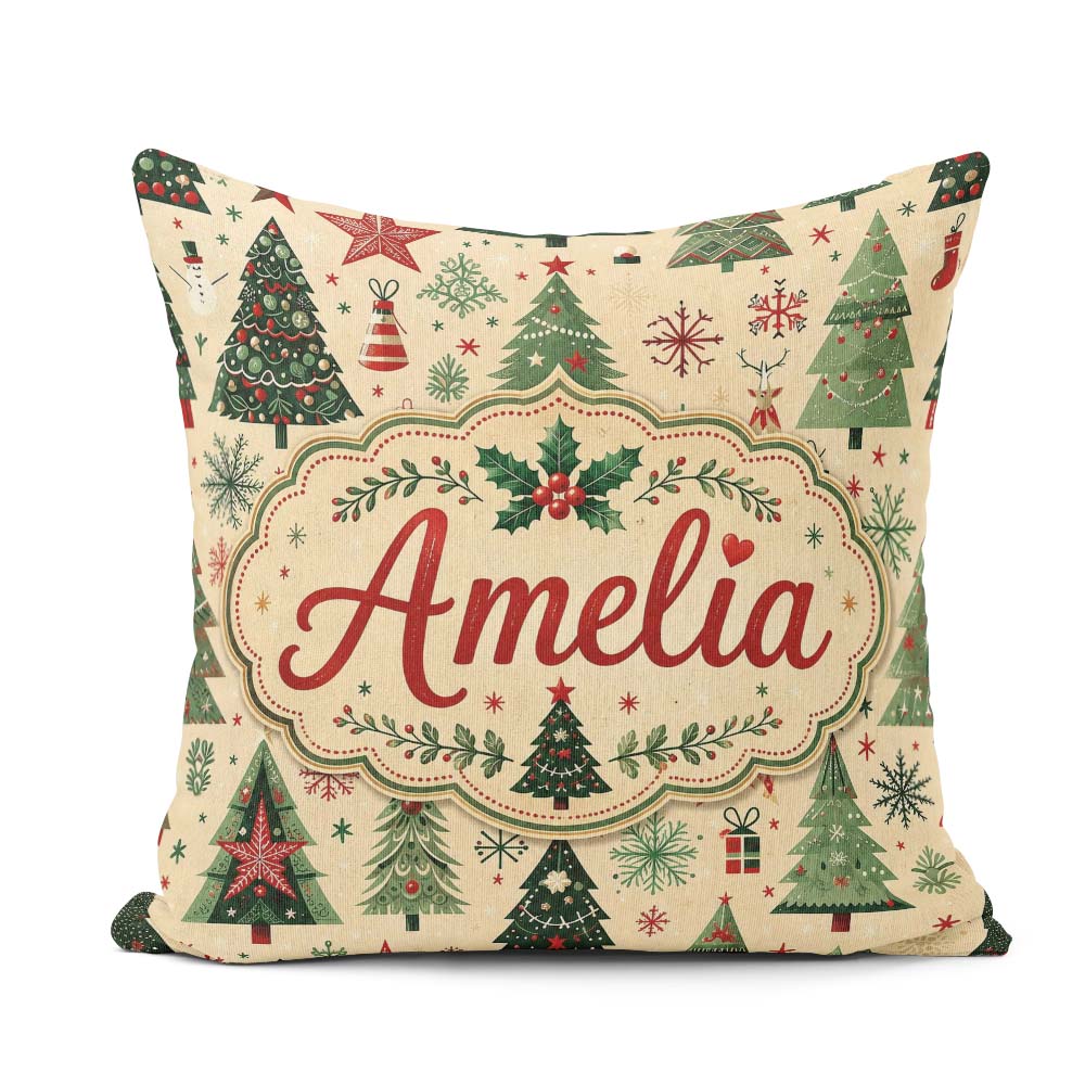 Custom Name Christmas Tree Star Folk Art Seamless Pattern Lovely Square Filled Cushion Throw Pillow Sofa Bed Home Decor Zip Washable UK Made