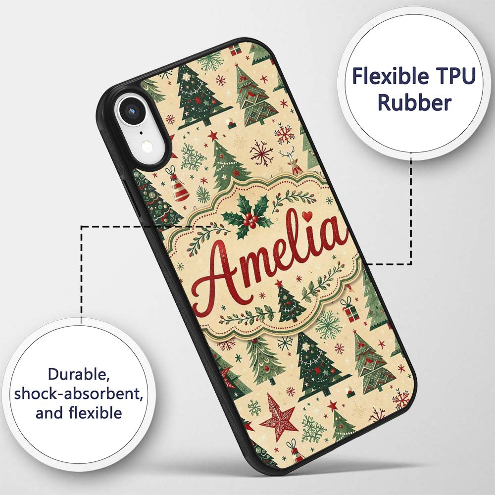 Christmas Tree Star Snowflake Folk Art Seamless Custom Name Protective Phone Case Mobile Cover Durable Everyday Smartphone Shock Resistant