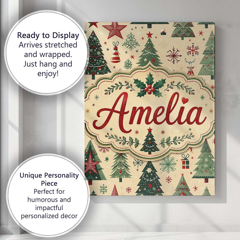 Personalised Name Christmas Tree Star Custom Modern Room Accent Creative Decorator Style Canvas Wall Art Print Decor Picture Ready to Hang