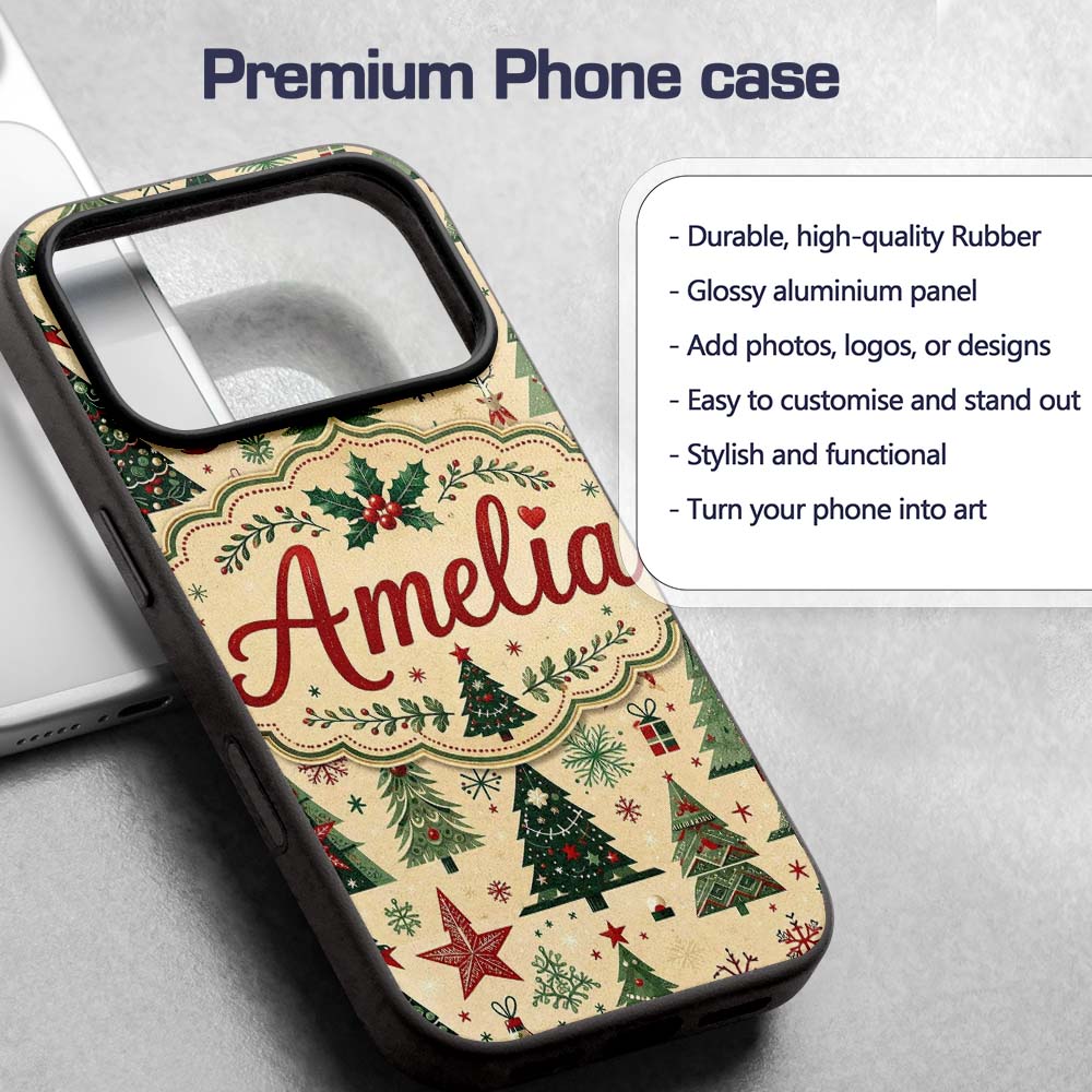 Christmas Tree Star Snowflake Folk Art Seamless Custom Name Protective Phone Case Mobile Cover Durable Everyday Smartphone Shock Resistant