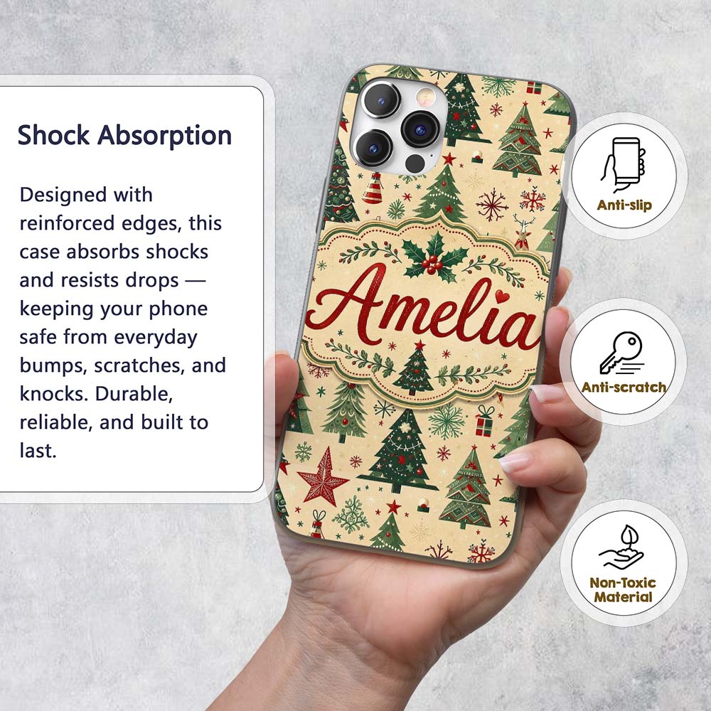 Christmas Tree Star Snowflake Folk Art Seamless Custom Name Protective Phone Case Mobile Cover Durable Everyday Smartphone Shock Resistant