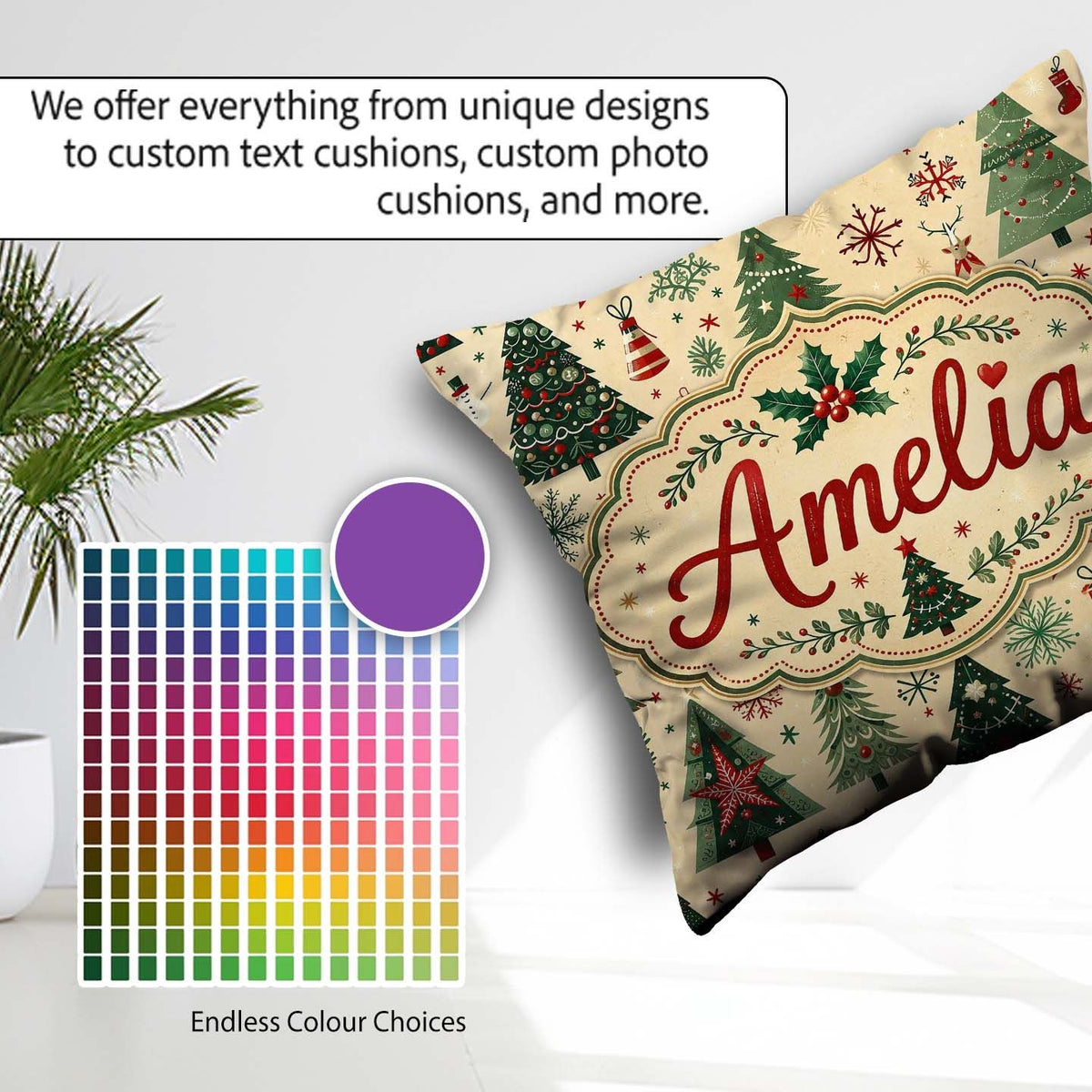 Custom Name Christmas Tree Star Folk Art Seamless Pattern Lovely Square Filled Cushion Throw Pillow Sofa Bed Home Decor Zip Washable UK Made