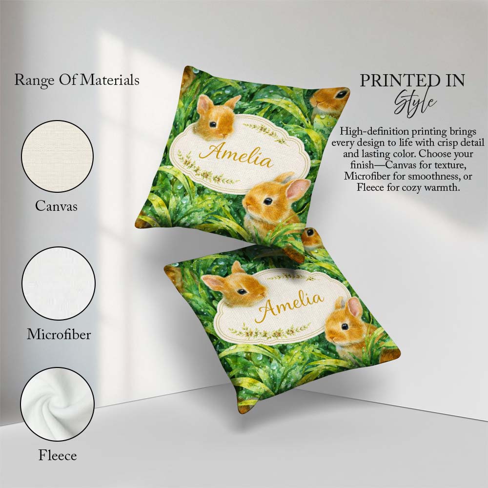 Custom Name Bunny in Leaves Seamless Pattern Cute Animal Nature Square Filled Cushion Throw Pillow Sofa Bed Home Decor Zip Washable UK Made