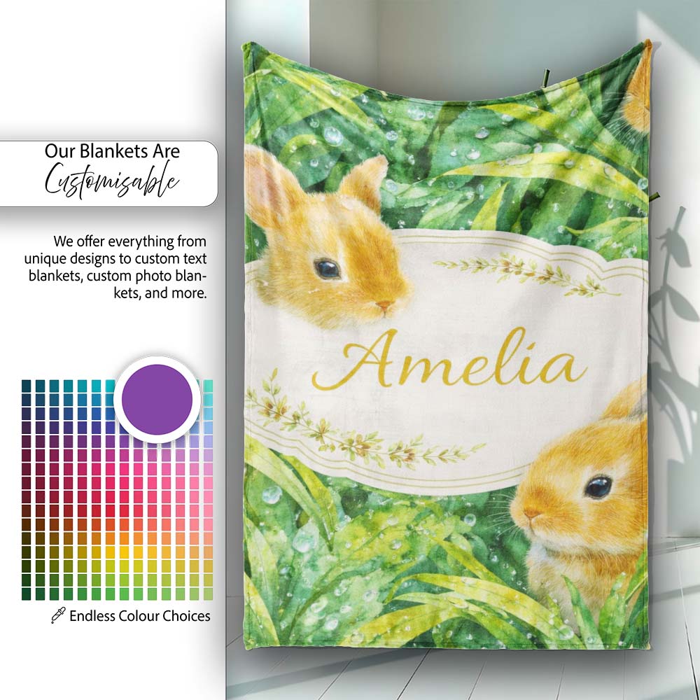 Watercolor Bunny in Leaves Seamless Pattern Cute Animal Nature Personalised Custom Name Super Soft Fleece Blanket Bed Sofa Throw