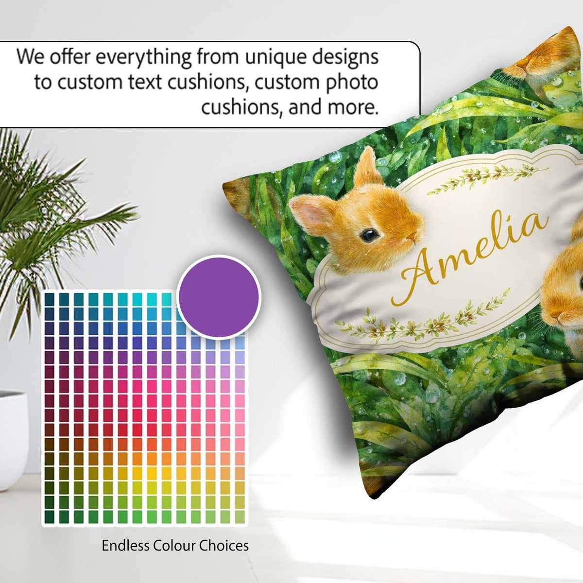 Custom Name Bunny in Leaves Seamless Pattern Cute Animal Nature Square Filled Cushion Throw Pillow Sofa Bed Home Decor Zip Washable UK Made
