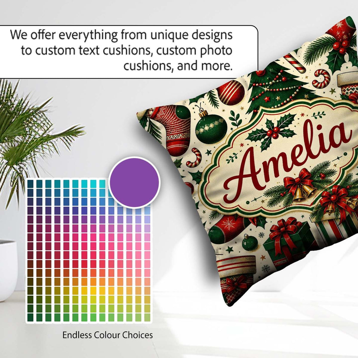 Custom Name Classic Christmas Tree Holly Berry Festive Seamless Square Filled Cushion Throw Pillow Sofa Bed Home Decor Zip Washable UK Made