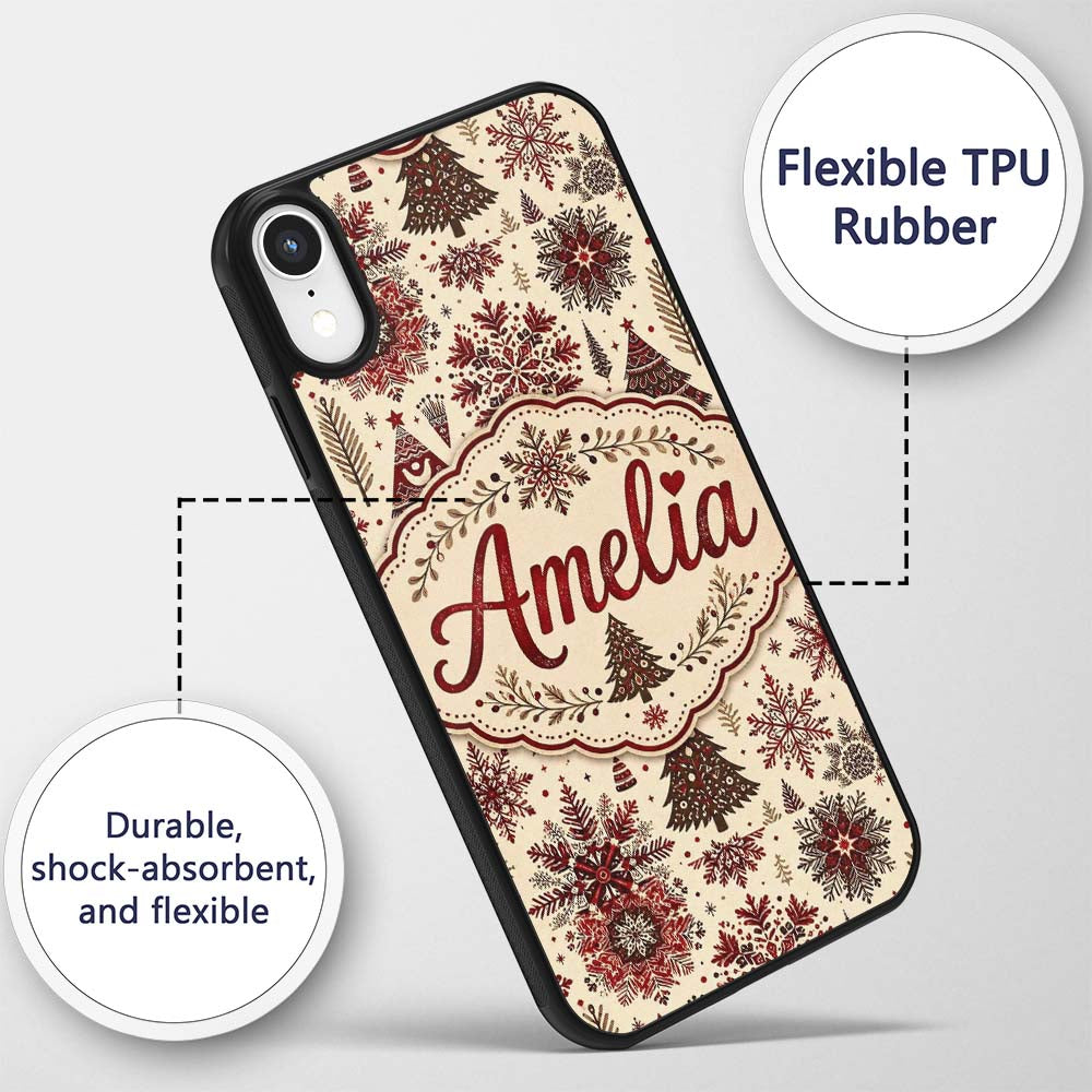 Red Christmas Snowflake Tree Folk Art Winter Custom Name Protective Phone Case Mobile Cover Durable Everyday Smartphone Shock Resistant