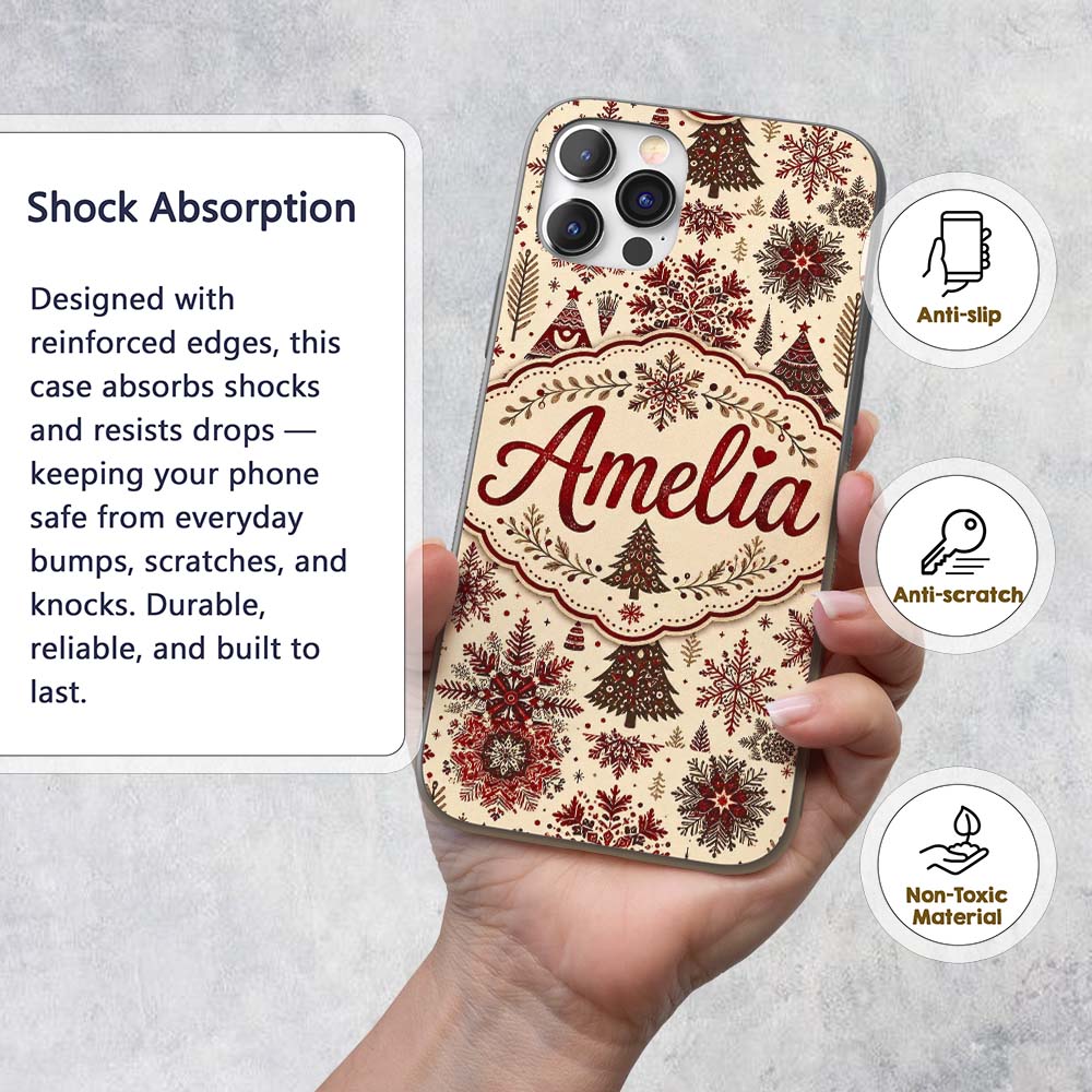 Red Christmas Snowflake Tree Folk Art Winter Custom Name Protective Phone Case Mobile Cover Durable Everyday Smartphone Shock Resistant