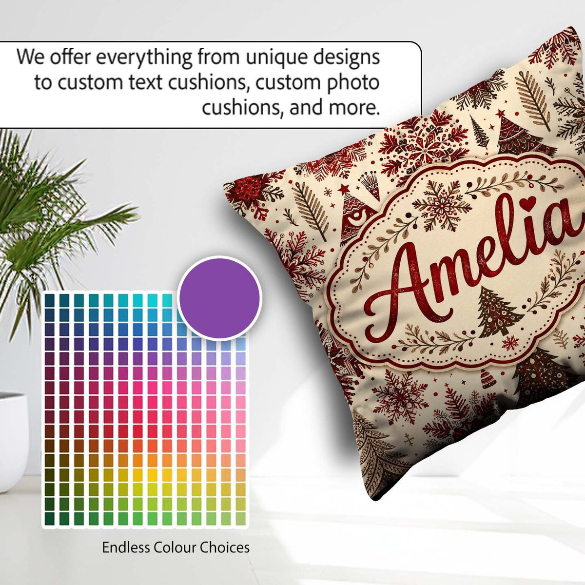 Custom Name Red Christmas Snowflake Tree Folk Art Winter Pattern Square Filled Cushion Throw Pillow Sofa Bed Home Decor Zip Washable UK Made