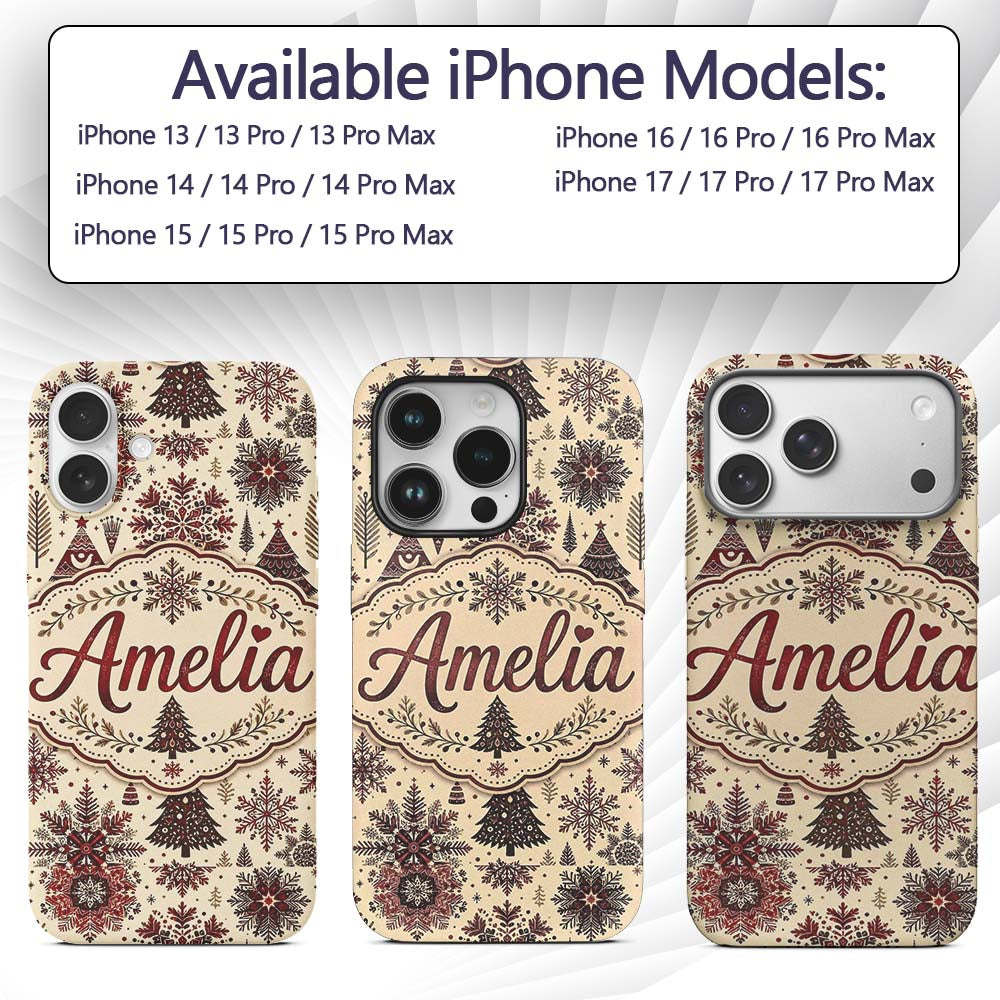Red Christmas Snowflake Tree Folk Art Winter Custom Name Protective Phone Case Mobile Cover Durable Everyday Smartphone Shock Resistant
