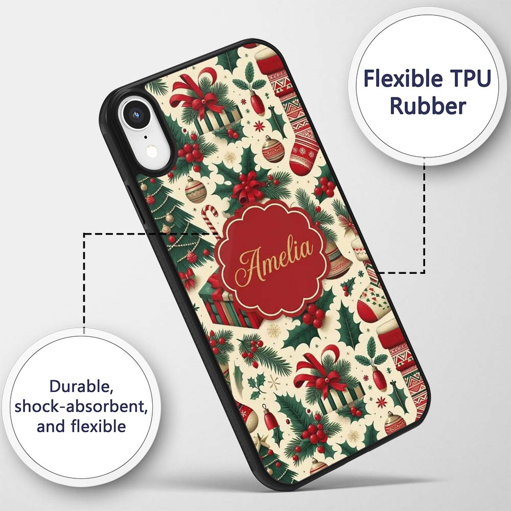 Christmas Holly Gift Stocking Candy Cane Festive Custom Name Protective Phone Case Mobile Cover Durable Everyday Smartphone Shock Resistant