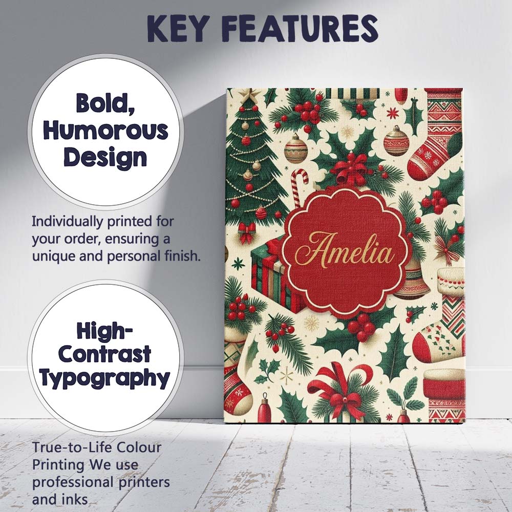Personalised Name Christmas Holly Custom Modern Room Accent Contemporary Display Canvas Wall Art Print Decor Picture Ready to Hang