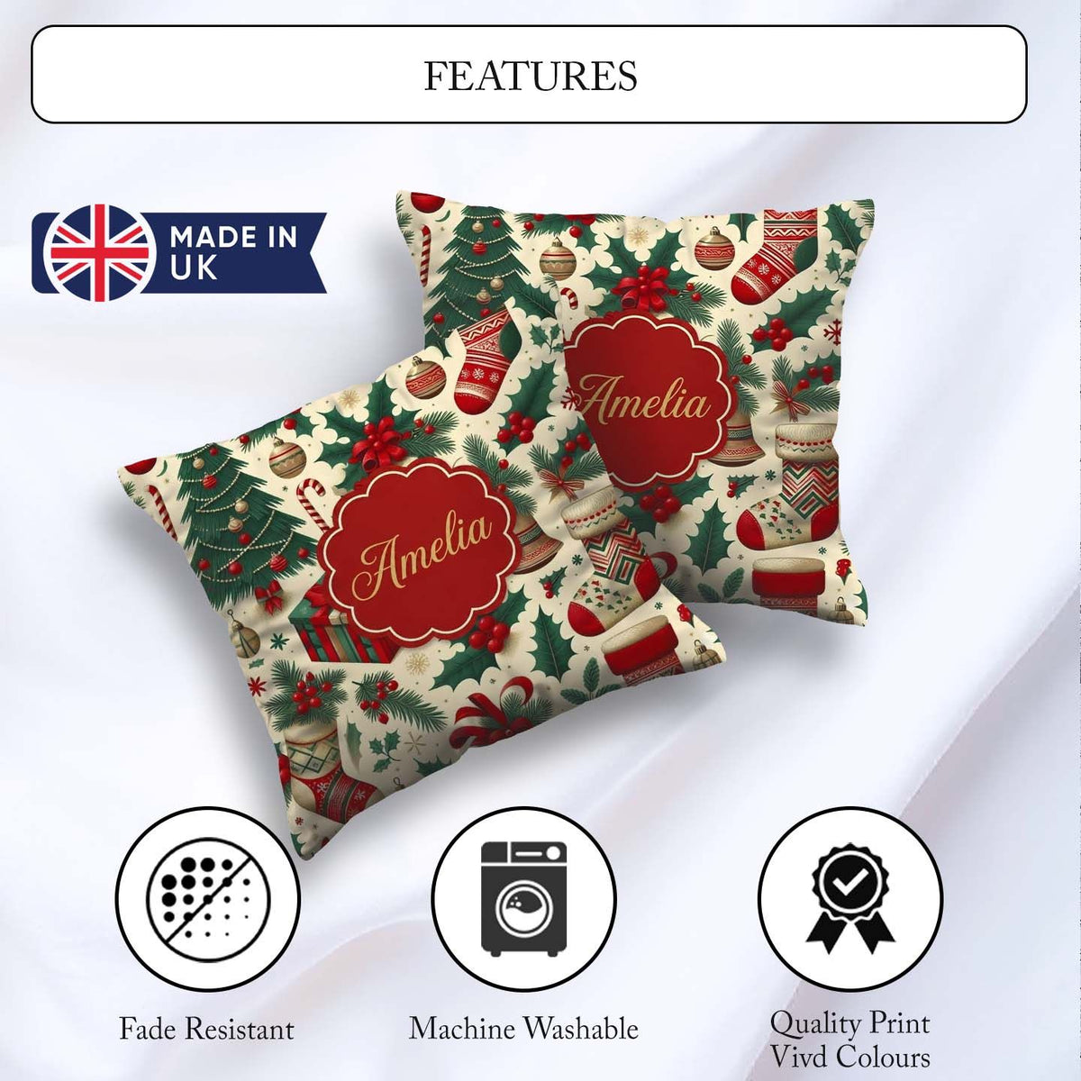Custom Name Christmas Holly Stocking Candy Cane Festive Seamless Square Filled Cushion Throw Pillow Sofa Bed Home Decor Zip Washable UK Made