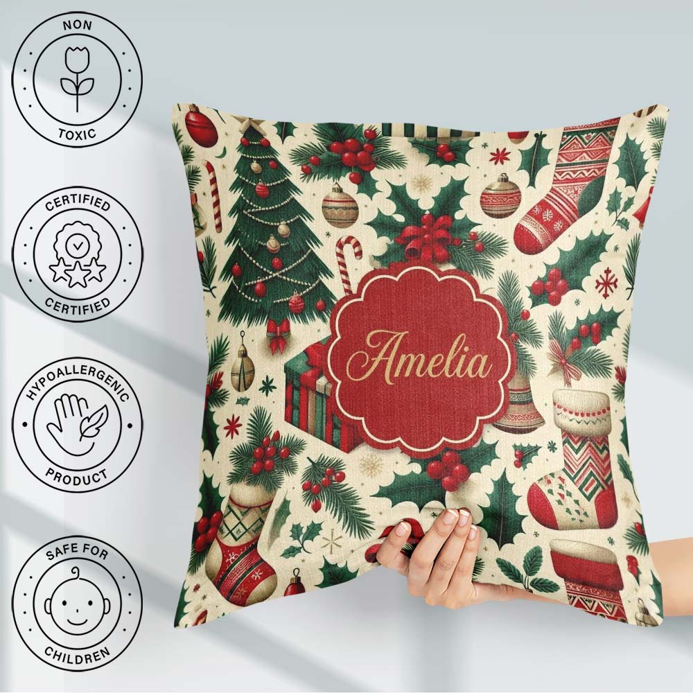 Custom Name Christmas Holly Stocking Candy Cane Festive Seamless Square Filled Cushion Throw Pillow Sofa Bed Home Decor Zip Washable UK Made