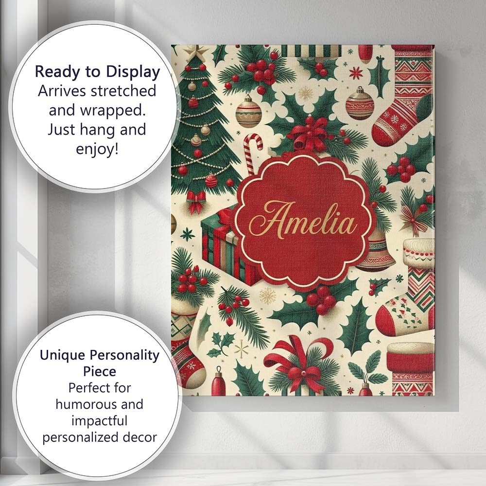 Personalised Name Christmas Holly Custom Modern Room Accent Contemporary Display Canvas Wall Art Print Decor Picture Ready to Hang