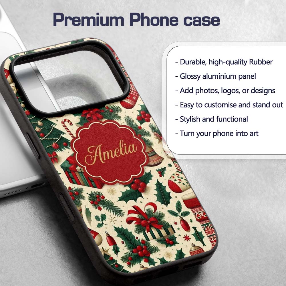Christmas Holly Gift Stocking Candy Cane Festive Custom Name Protective Phone Case Mobile Cover Durable Everyday Smartphone Shock Resistant