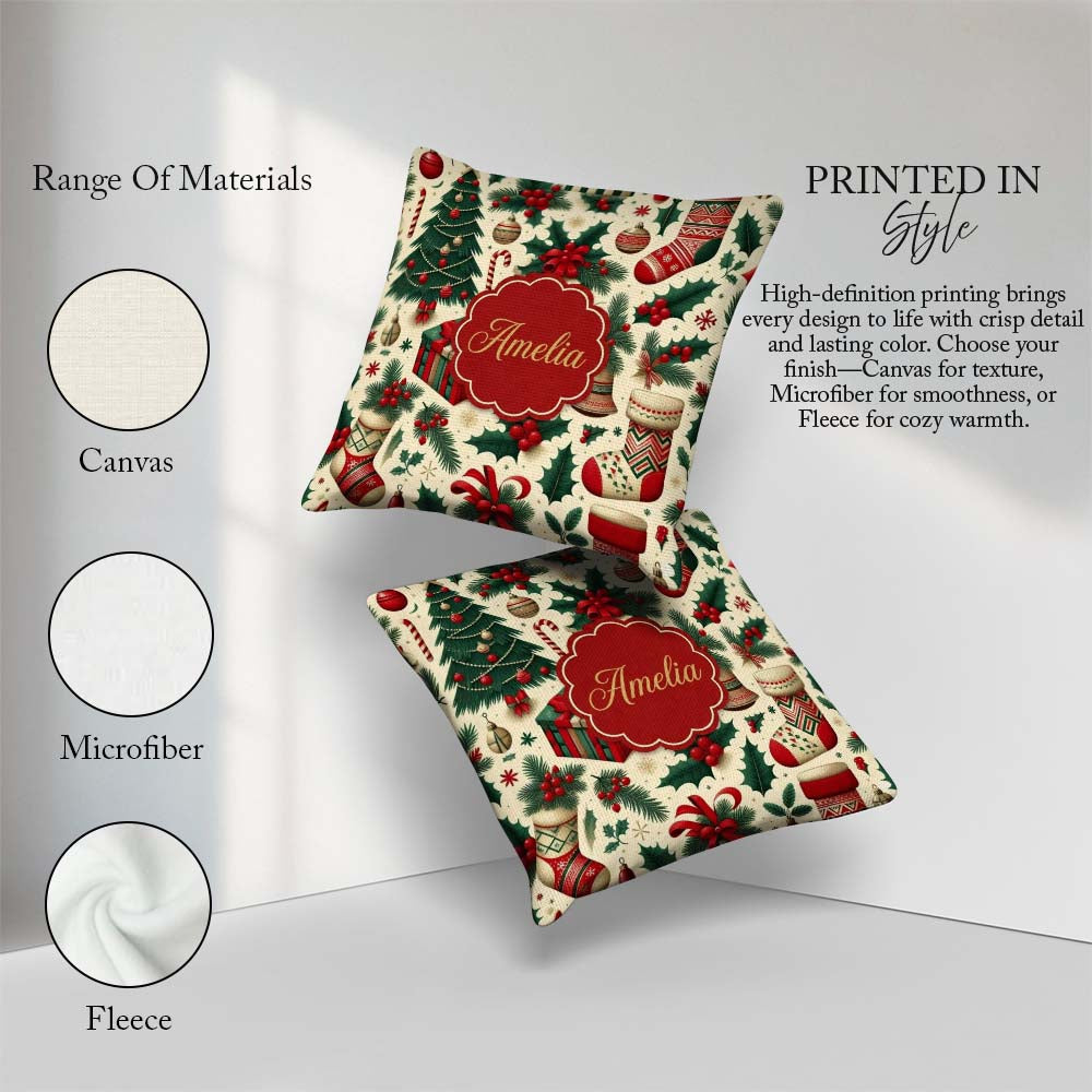 Custom Name Christmas Holly Stocking Candy Cane Festive Seamless Square Filled Cushion Throw Pillow Sofa Bed Home Decor Zip Washable UK Made