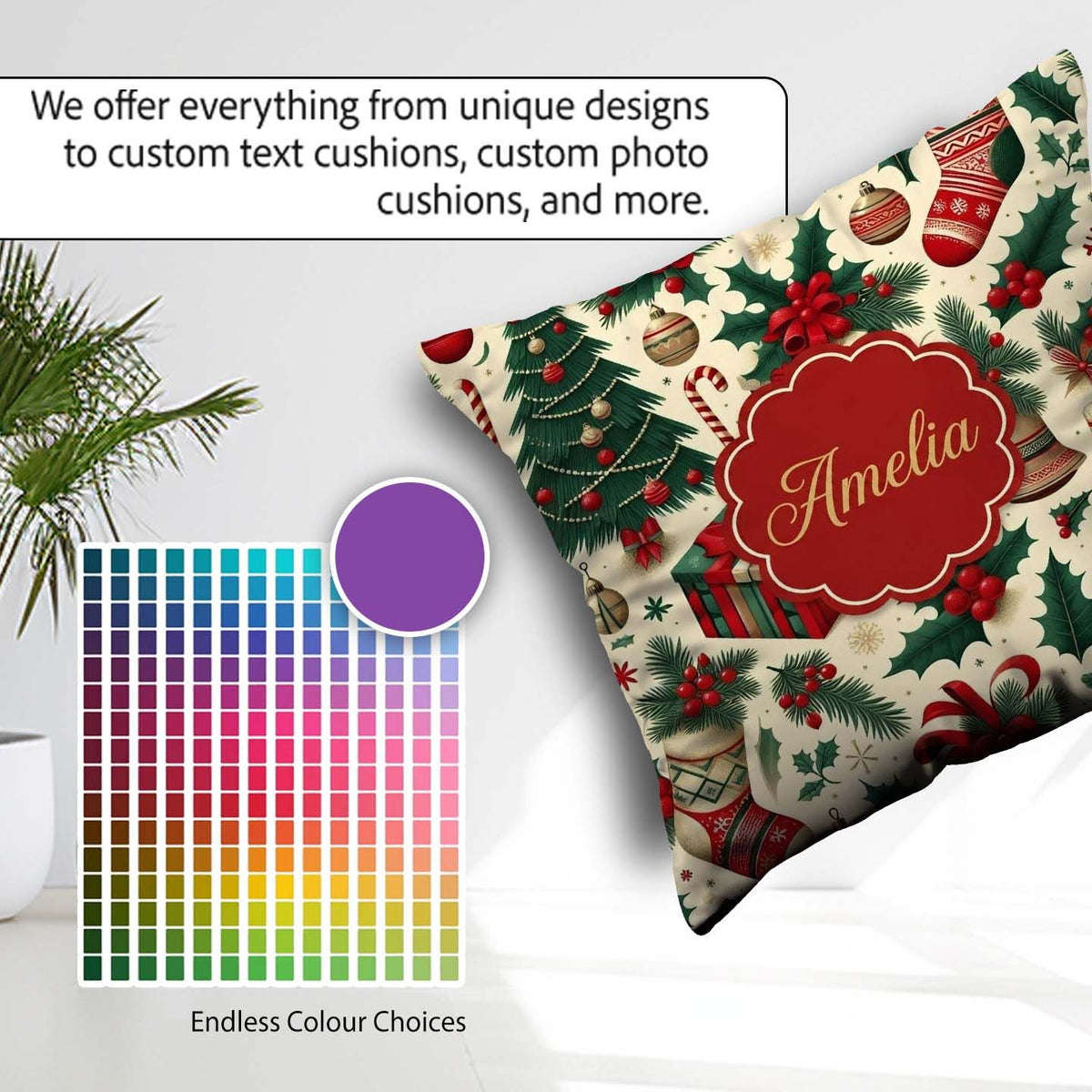 Custom Name Christmas Holly Stocking Candy Cane Festive Seamless Square Filled Cushion Throw Pillow Sofa Bed Home Decor Zip Washable UK Made