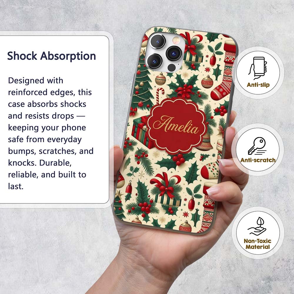 Christmas Holly Gift Stocking Candy Cane Festive Custom Name Protective Phone Case Mobile Cover Durable Everyday Smartphone Shock Resistant
