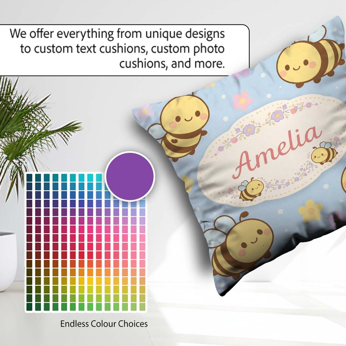 Custom Name Cute Bee Flower Cartoon Animal Pattern Everyday Square Filled Cushion Throw Pillow Sofa Bed Home Decor Zip Washable UK Made