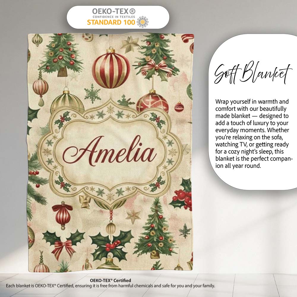 Classic Hanging Christmas Bauble Tree Holly Elegant Seamless Pattern Personalised Custom Name Super Soft Fleece Blanket Bed Sofa Throw
