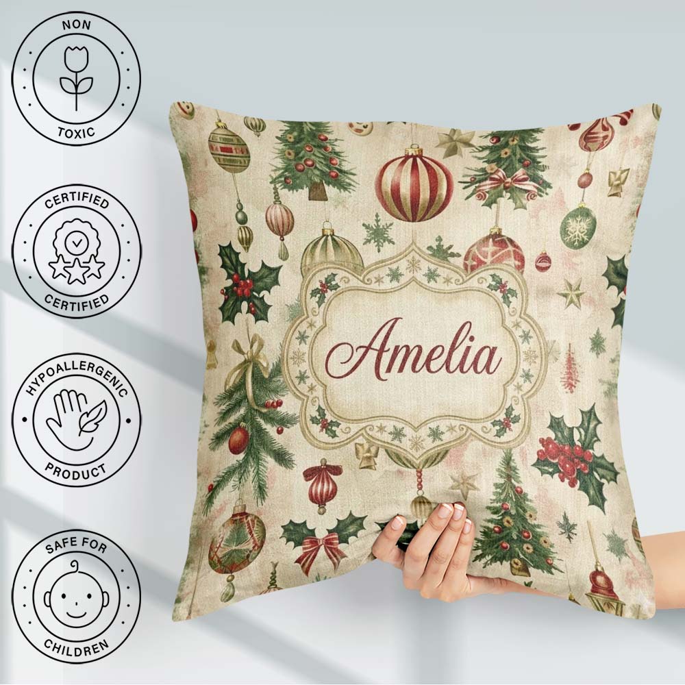 Custom Name Classic Hanging Christmas Bauble Tree Holly Seamless Square Filled Cushion Throw Pillow Sofa Bed Home Decor Zip Washable UK Made