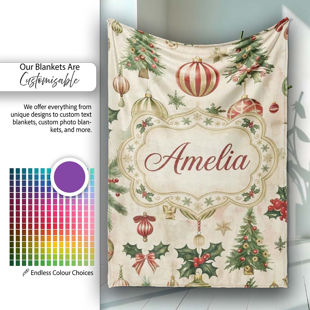 Classic Hanging Christmas Bauble Tree Holly Elegant Seamless Pattern Personalised Custom Name Super Soft Fleece Blanket Bed Sofa Throw