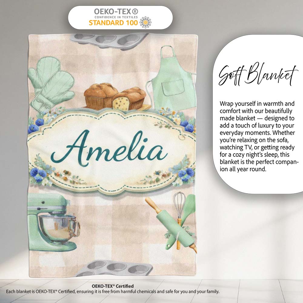 Baking Tools Seamless Pattern Beige Background Cooking Personalised Custom Name Super Soft Fleece Blanket Bed Sofa Throw