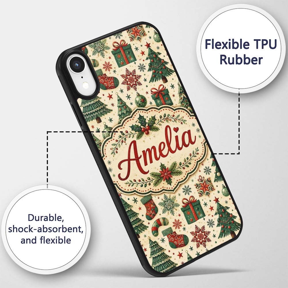 Vintage Snowman Candy Cane Christmas Tree Cute Custom Name Protective Phone Case Mobile Cover Durable Everyday Smartphone Shock Resistant