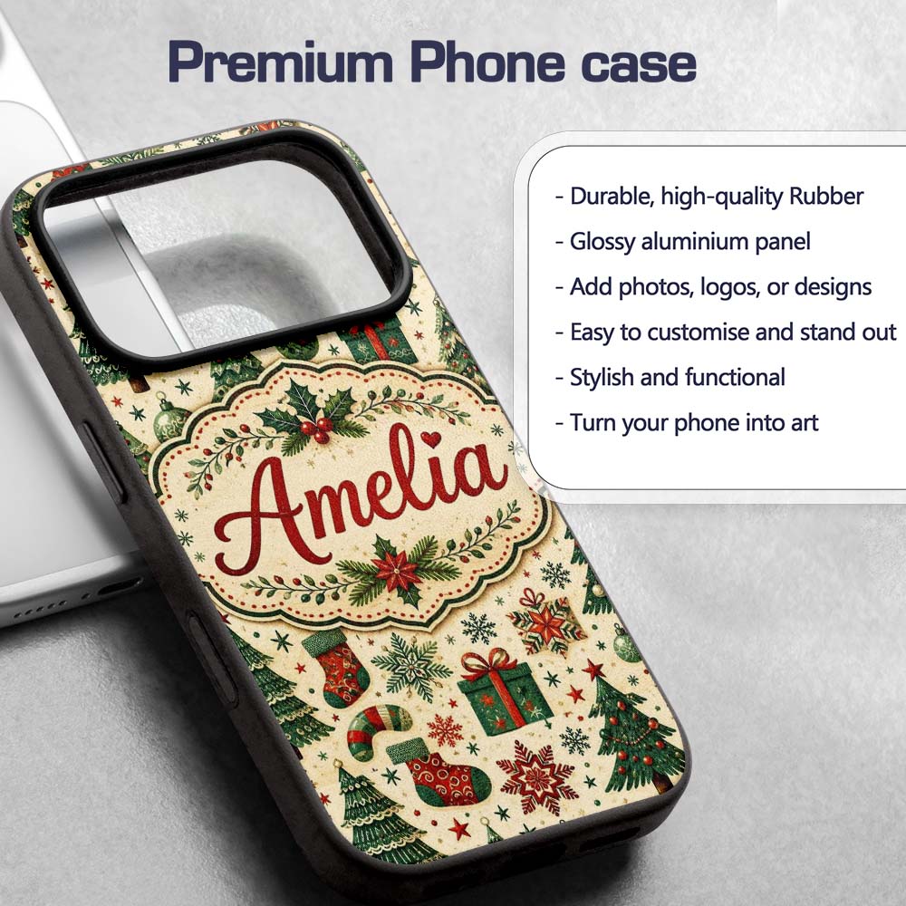 Vintage Snowman Candy Cane Christmas Tree Cute Custom Name Protective Phone Case Mobile Cover Durable Everyday Smartphone Shock Resistant