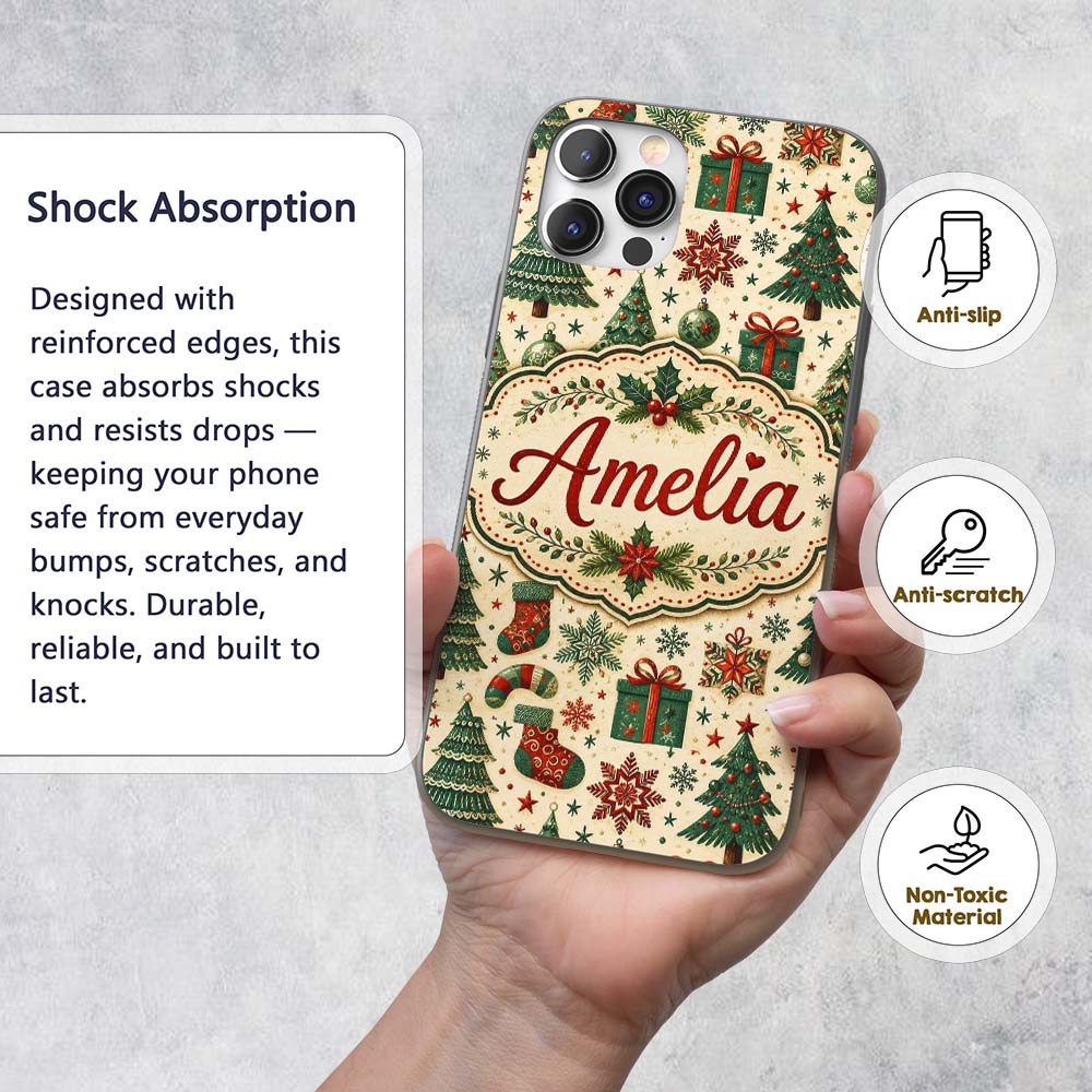 Vintage Snowman Candy Cane Christmas Tree Cute Custom Name Protective Phone Case Mobile Cover Durable Everyday Smartphone Shock Resistant